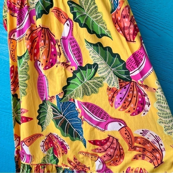 FARM RIO RUFFLE TIERED MAXI DRESS TIE BACK FUN PRINT BIRDS SIZE XS NWT - Picture 11 of 13